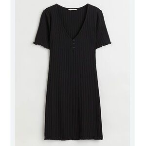 H&M Black Ribbed Button Front V Neck Lettuce Hem Mini Dress Bodycon Medium